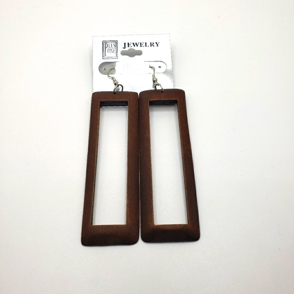 long brown wood hollowed rectangle Earrings